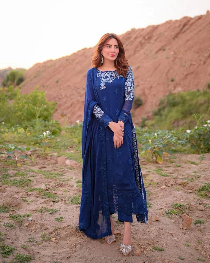 blue designer suit with pant and dupatta set