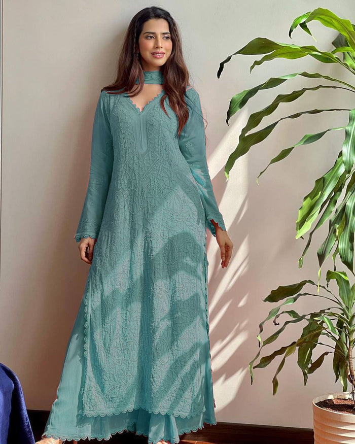teal green new trend chikankari special ethnic set