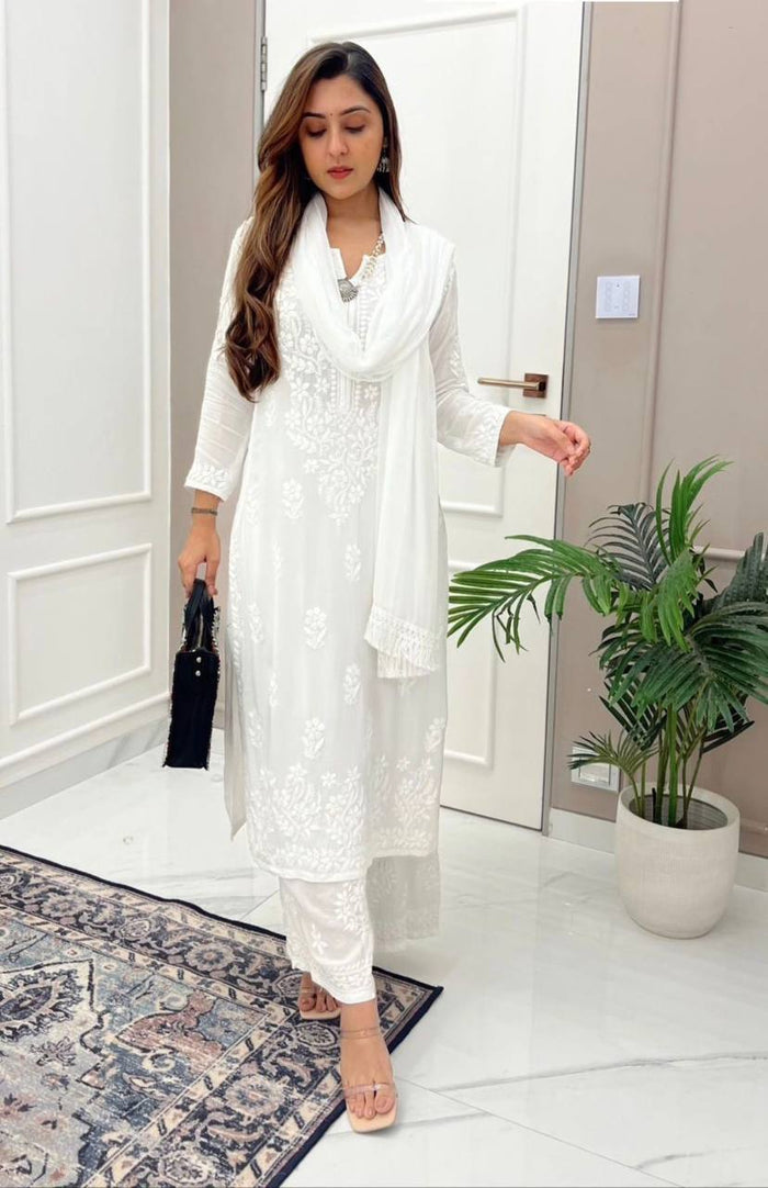 white designer chikankari special kurta with pan set