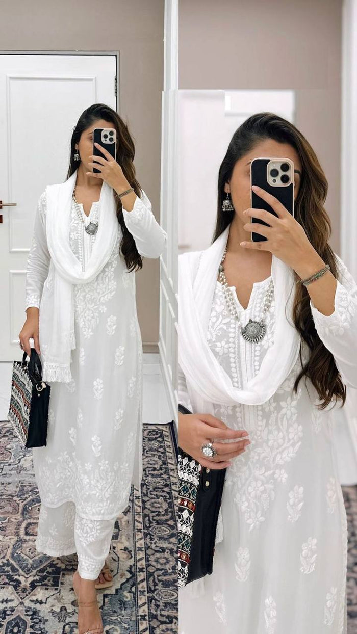 white designer chikankari special kurta with pan set