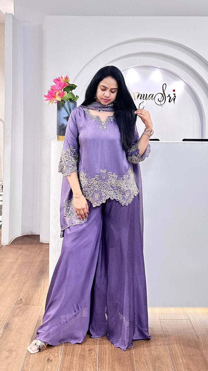 purple elegant embroidered kurta set