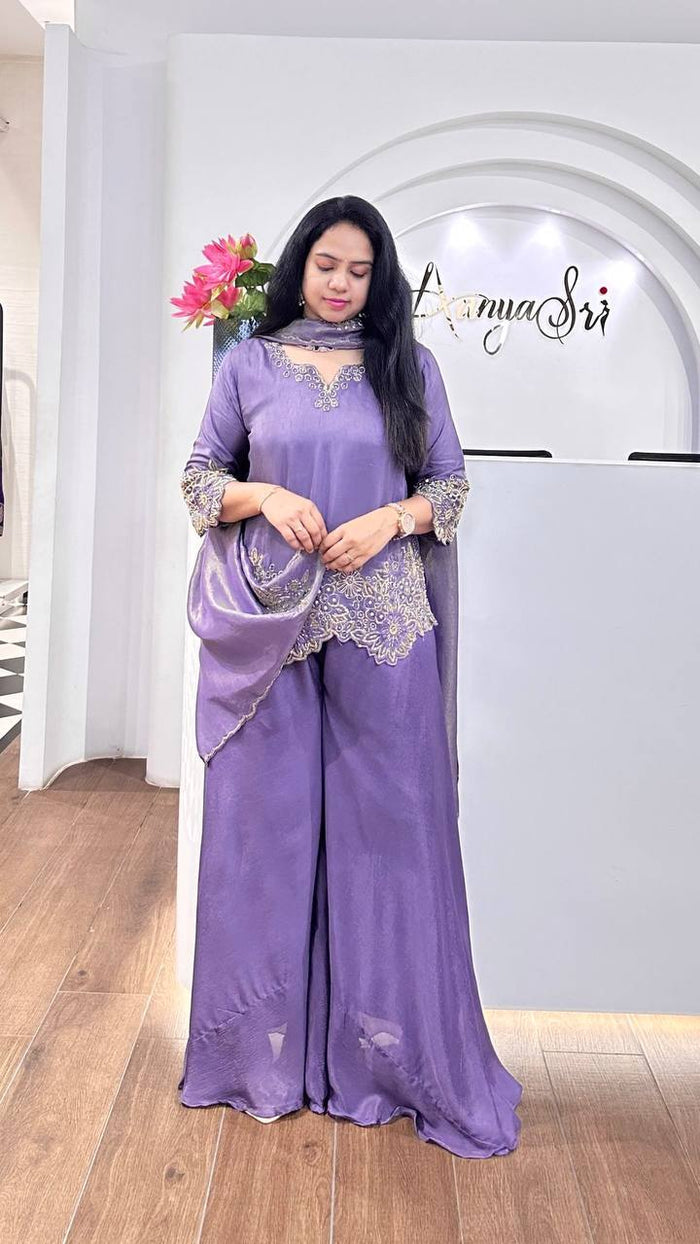 purple elegant embroidered kurta set