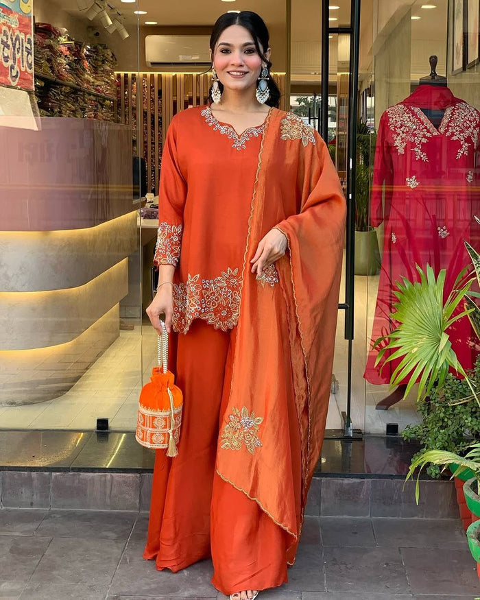 orange elegant embroidered kurta set