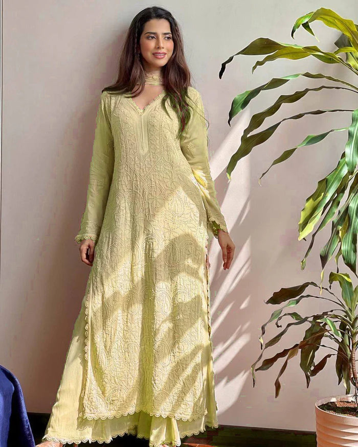 light yellow new trend chikankari special ethnic set