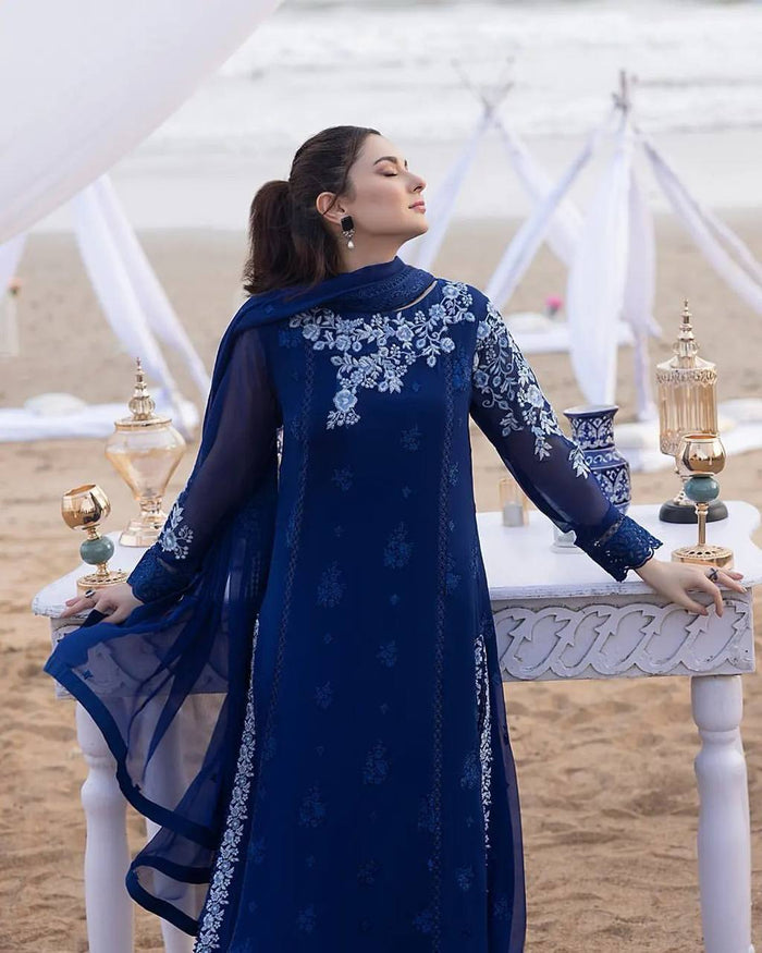 blue designer suit with pant and dupatta set
