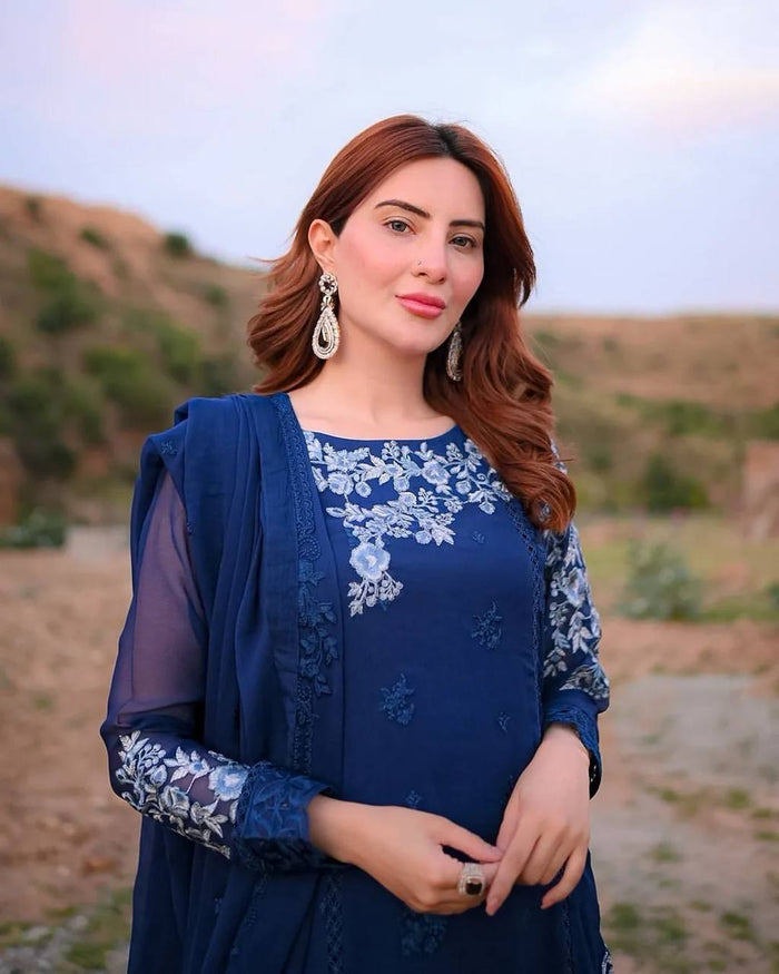 blue designer suit with pant and dupatta set